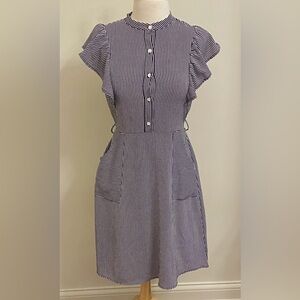 Monteau Navy Blue White Pinstripe SZ L Nautical Preppy Coastal Classic Dress